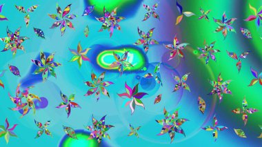 Nakış desenli çiçek deseni. Renkli grunge, soyut arkaplanı kolomavi ve yeşil çiçeklerle süslüyor. İzler, kumaş, duvar kağıtları, tekstil için raster dokusu.