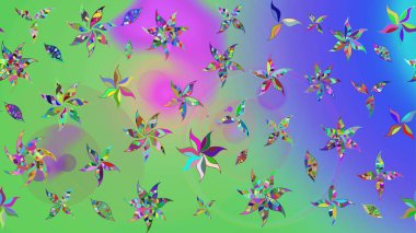 3D çiçekler, eskiz. Yeşil ve mor renklerde. Raster illüstrasyonu.