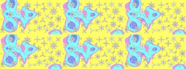 Raster illüstrasyonu. Sarı ve mavi renklerde bahar çiçekleri. Çiçek ve yapraklı karalama şeklinde Raster çiçek deseni.