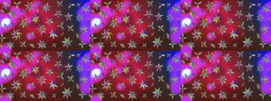 Çok renkli ve menekşe rengi zarif küçük çiçekler ve kırmızı ve mor renkli komik böcekler, raster desen, illüstrasyon.