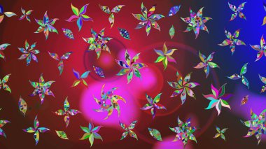 Çok renkli ve kahverengi zarif küçük çiçekler ve kırmızı ve kahverengi renkli komik böcekler, raster desen, illüstrasyon.