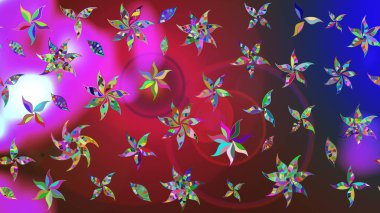 Çiçeksel çizim kalıbının yansıması. Vadinin çiçekleri kırmızı ve mor renklerde.