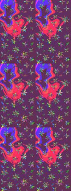 Renkli Bahar Teması eskiz kalıbı. Mor ve pembe renkte çiçekler. Düz Çiçek Elementleri Tasarımı. Sevimli çiçek raster deseni.