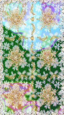 Tarafsız ve altın elementli yeşil renklerde altın desen. Lüks, kraliyet ve Viktorya dönemi konsepti. Raster klasik barok çiçeksiz altın desenli. Süsleme.