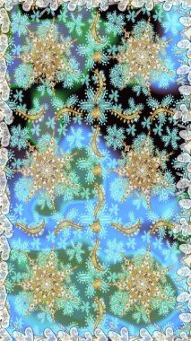 Barok tarzında altın çiçek süsü. Damask arkaplanı tekerrür ediyor. Altın element mavi ve nötr renklerde. Antika altın tekrarlanabilir duvar kağıdı.