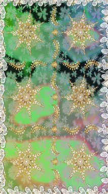 Traditional classic golden raster pattern on green and neutral colors with golden elements. Seamless oriental ornament in the style of baroque.