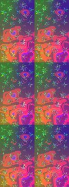 Raster Floral Illustration, Asyalı tekstil. Pembe ve yeşil renkli etnik çiçeklerle zarif bir eskiz..