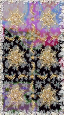 Altın rengi, kusursuz çizim. Senin tasarımın için, duvar kağıdı. Raster geometrik arka plan. Gri ve nötr renklerde altın desenli altın çiçekli elementler.