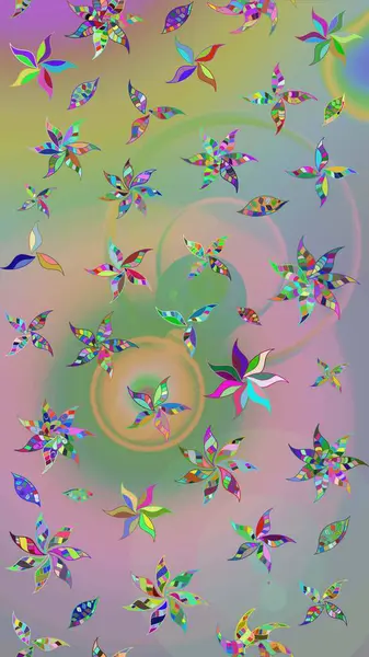 Tarafsız ve yeşil renklerdeki çok renkli ve yeşil zarif küçük çiçekler ve komik böcekler, raster desen, illüstrasyon.