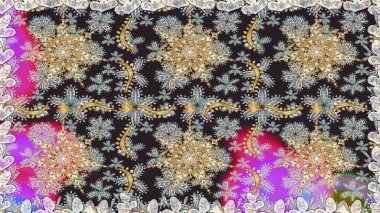 Altın antika ortaçağ dekoratifi, yapraklar ve gri ve nötr renklerde altın desenli süslemeleri olan bir Raster. Kusursuz kraliyet lüksü, altın barok kumaş rengi..