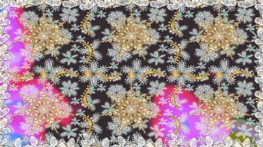 Doğu tarzı element. Gri ve nötr renklerde altın element. Çizgi sanatı tasarım şablonu için kusursuz sınır. Altın desenli çiçek dekoru. Davetiyeler, kartlar, web sayfası için Raster illüstrasyonu.