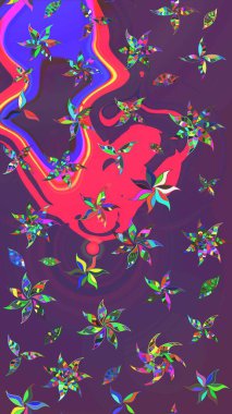 Çiçek desenli çizim. Renkli Bahar Teması eskiz kalıbı. Mor ve mor renkli çiçekler. Düz Çiçek Elementleri Tasarımı. Raster illüstrasyonu. Asya tekstil tarzında.