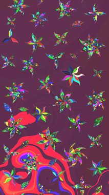 Manzaralı çiçek deseni. Çiçek kompozisyonu, el boyası, hassas şablon. Üst manzara, yumuşak kahverengi ve mor renkli. Sevgililer günü ve tebrik kartı konsepti için şık bir davet.