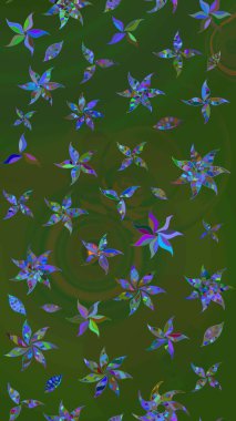 Sevimli çiçek raster deseni. Yeşil ve mavi renkte çiçekler. Sketch Colour Spring Theme eskiz kalıbı. Düz Çiçek Elementleri Tasarımı.