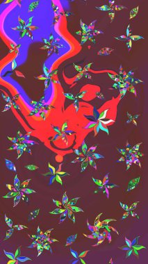 Raster illüstrasyonu. Kahverengi ve mor renklerde. Çiçek buketleriyle klasik tarzda eskiz deseni.