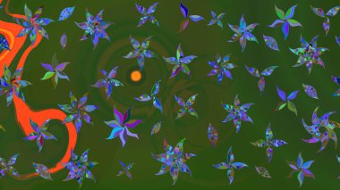 Çiçek desenli çizim. Raster illüstrasyonu. Asya tekstil tarzında. Yeşil ve mavi renkte çiçekler. Renkli Bahar Teması eskiz kalıbı. Düz Çiçek Elementleri Tasarımı.