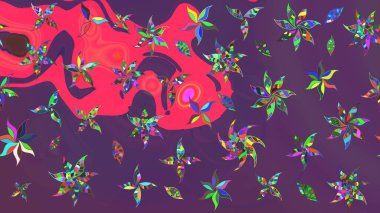 Mor ve pembe arka planda. Elle çizilmiş çiçek desenli Raster çizimi. Tekstil, kumaş, ambalaj, hatıra defteri için hoş bir çiçek arkaplanı. Çocuksu tasarım.