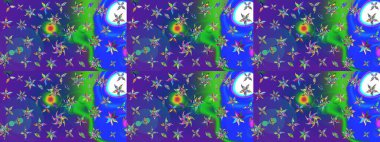 Eskiz arkaplan modeli. Raster hisseleri. Mavi ve mor üzerine çiçekler. Suluboya, elle çizilmiş.