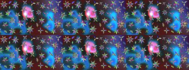 Raster illüstrasyonu. Çiçek süslemeli çizim deseni. Mavi ve mor renkte çiçekler.