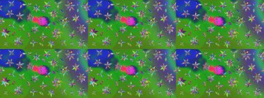 Raster illüstrasyonundaki çiçek desenli çizim. Yeşil ve mavi renkte çiçekler.