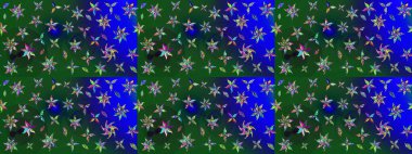 Sevimli çiçek raster deseni. Yeşil ve mavi renkte çiçekler. Renkli Bahar Teması eskiz kalıbı. Düz Çiçek Elementleri Tasarımı.