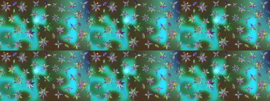 Çiçekli ipek eşarp. El çizimi çiçek unsurları olan soyut çizim raster deseni. 1950-1960 motifleri. Retro tekstil tasarım koleksiyonu. Yeşil ve mavi, yeşil ve mavi.