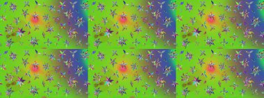 Çiçekli karalama şeklinde Raster çiçek deseni. Nazik, narin çiçek arkaplanı. Yeşil ve mor renkte çiçekler.