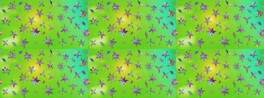 Çiçek desenli çizim. Raster illüstrasyonu. Yeşil ve sarı renkli Asyalı tekstil.