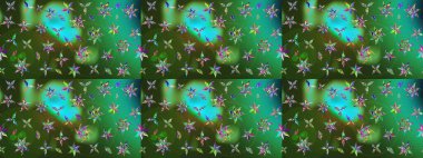 Parlak çiçekli kolaj çiçekleri yeşil ve mavi. Çiçekli zambakların eskiz geçmişi. Çiçek tasarımı için inanılmaz kolaj cennet tarzı..