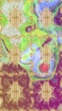 Tarafsız renklerdeki altın desenler ve altın elementler. Lüks, kraliyet ve Viktorya dönemi konsepti. Raster klasik barok çiçek deseni altın rengi. Süsleme.