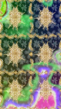 Doğu tarzında klasik tasarım öğesi. Süslü dantel iz sürücü. Duvar kâğıdı için altın süslü bir illüstrasyon. Çiçek süslemeli Raster eskiz deseni. Yeşil renkler üzerine geleneksel Arapça dekor.