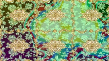 Raster illüstrasyonu. Süslü dekorasyon. Damask altın soyut çiçek deseni yeşil renkler üzerine çizim.
