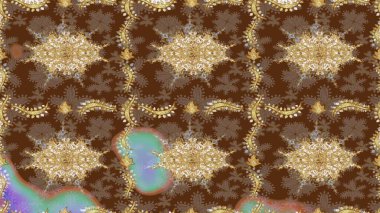 Raster illüstrasyonu. Kahverengi renkli ve altın elementli eskiz deseni. Geleneksel oryantasyon süsü. Klasik Raster altın desenini çiz. Klasik vintage arkaplan.