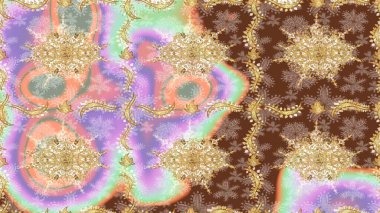 Damask arkaplanı. Altın çiçekli eskiz deseni. Tarafsız renklerde altın element. Barok tarzında altın çiçekli süs..