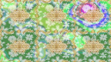 Altın karalama fantezi yapraklarından ve yeşil renkli çiçeklerden Raster soyut çiçek çelengi. El yapımı dekoratif çerçeve, albüm kapağı, tebrik kartı, klasik Art deco tarzı.