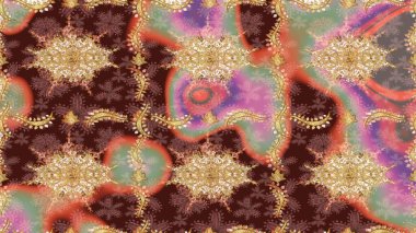 Çiçek süsü kumaş deseni, cam, altın elementlerle kahverengi renklerde çiçek desenli metal. Klasik Raster altın eskiz modeli..