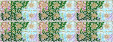 Raster altın çiçek süsü brokar kumaş ve cam desenli. Kusursuz altın desen. Tarafsız renkler ve altın elementler. Çiçek desenli altın metal..