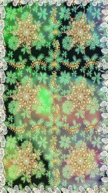 Noel, kar tanesi, yeni yıl 2019. Yeşil renklerde ve altın elementlerle kusursuz klasik desen.