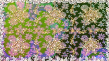 Süslü dantel iz sürücü. Doğu tarzında klasik tasarım öğesi. Çiçekli süslemeli, pürüzsüz bir desen. Geleneksel Arap dekoru yeşil renklerde. Duvar kağıdı için altın süslü illüstrasyon.