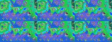 Mavi ve yeşil renkli çiçekler. El çizimi çiçekli soyut çizim kalıbı. Raster illüstrasyonu.