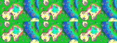 Raster illüstrasyonu. Düz Çiçek Elementleri Tasarımı. Renkli Bahar Teması eskiz kalıbı. Çiçekli çiçek deseni, suluboya. Yeşil ve mavi renkte çiçekler.