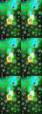 Raster illüstrasyonu. Asya tekstil tarzında. Raster illüstrasyonu. Yeşil ve mavi renkte çiçekler. Çiçek desenini çiz.