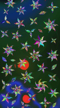 Mavi ve yeşil renkte çiçek çizimi. Raster illüstrasyonu. Şatafatlı bahar bahçesi dokusu. Çiçek deseni. Mavi ve yeşil renkte çiçekler.