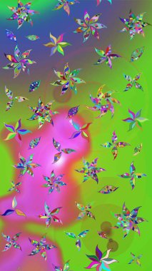 Şirin çiçekli eskiz deseni ve yeşil ve mor renkli yapraklar, suluboya çiçek deseni, duvar kağıdı, kart ya da kumaş için fayanslı. Raster illüstrasyonu.