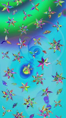 Mavi ve yeşil renkli Asya tekstili. Çiçek desenli çizim. Raster illüstrasyonu.