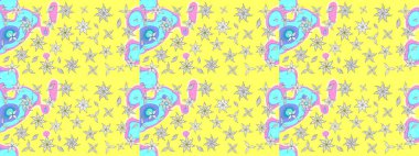 Raster Modaya uygun kumaş deseni. Sarı ve mavi renkli şirin çiçek desenleri. Düz Çiçek Elementleri Tasarımı. Renkli Bahar Teması çizim şablonu.