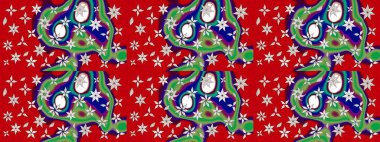 Üzerinde gelincikler ve vadi zambakları olan renkli çiçek desenli nakış deseni. Tekstil tasarımı için kırmızı ve yeşil renkli geleneksel halk çiçekleri..