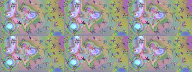 Soyut etnik raster çizim kalıbı. Çiçekler. Vadinin çiçekleri tarafsız ve yeşil renklerde.