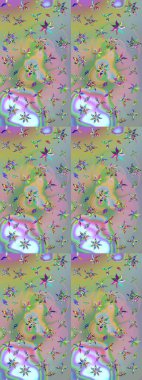 Tekstil, kumaş, ambalaj, hatıra defteri için hoş bir çiçek arkaplanı. Çocuksu tasarım. Elle çizilmiş çiçek desenli Raster çizimi. Tarafsız ve yeşil arkaplanda.