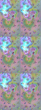 Asya tekstil tarzında. Tarafsız ve mavi renkte çiçekler. Raster illüstrasyonu. Çiçek desenli çizim. Raster illüstrasyonu.